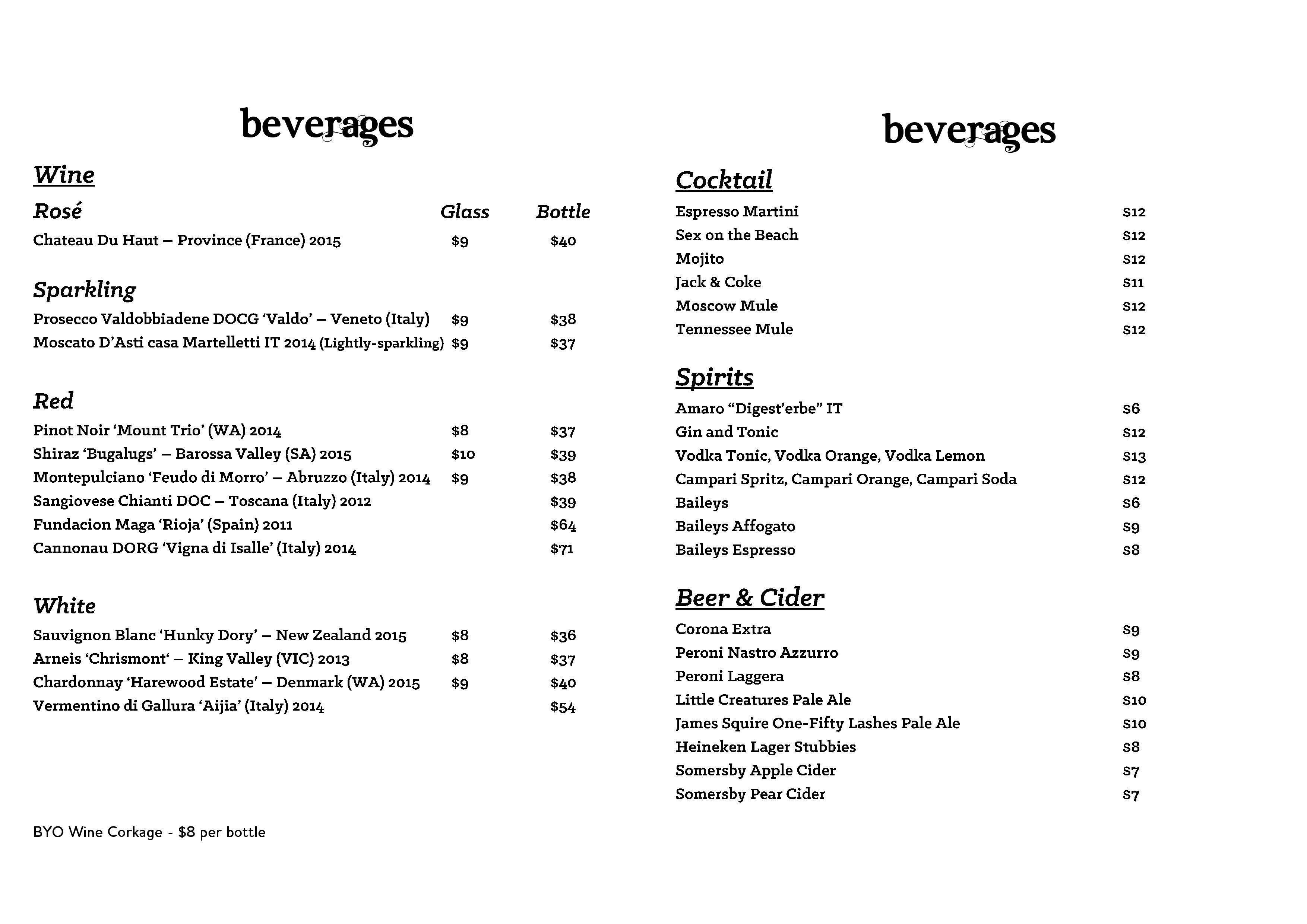 The Woodpeckers menu, Menu restauracji The Woodpeckers, Subiaco, Perth