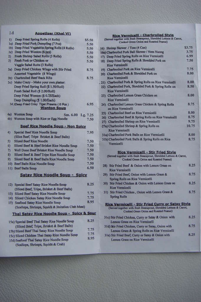 Menu at Mina's Vietnamese Noodle Soup Restaurant, Calgary