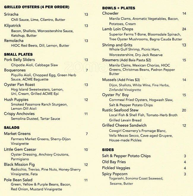 Menu at Hog Island Oyster Co. restaurant, San Francisco