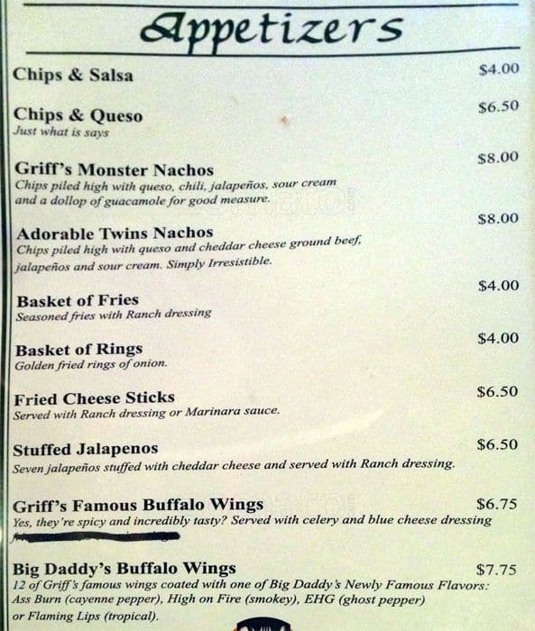 Griff's Menu, Menu for Griff's, Montrose, Houston Urbanspoon/Zomato