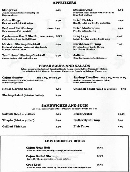 Catfish & Company menu, Menu restauracji Catfish & Company, Bedford