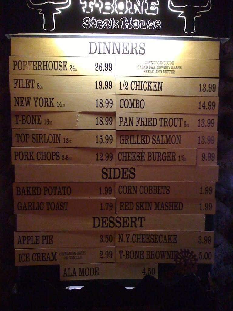 TBone Steak House Menu, Menu podniku TBone Steak House, South