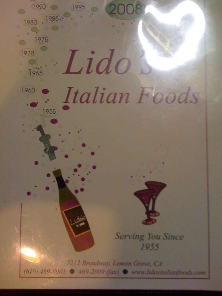 Carta de pizzería Lido's Italian Foods, Lemon Grove