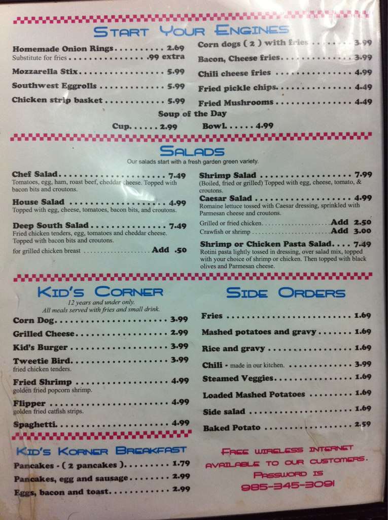 Menu at Lee's Diner restaurant, Hammond, 401 W Thomas St