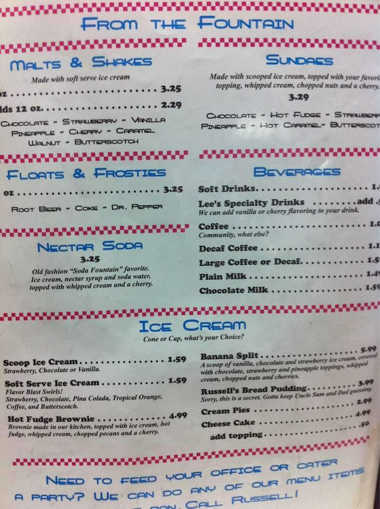 Menu at Lee's Diner restaurant, Hammond, 401 W Thomas St