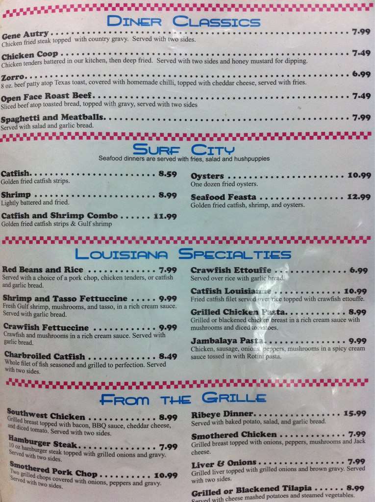 Menu at Lee's Diner restaurant, Hammond, 401 W Thomas St