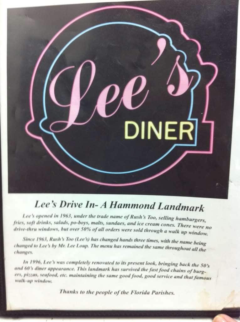 Menu at Lee's Diner restaurant, Hammond, 401 W Thomas St