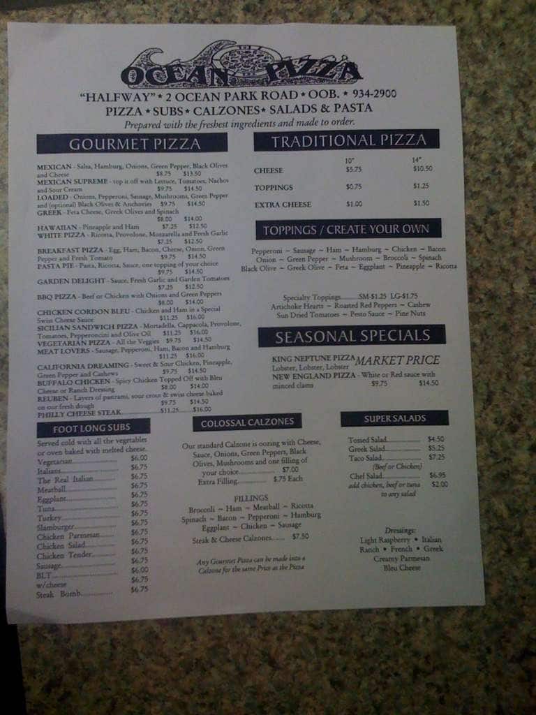 Ocean Pizza Menu, Menu for Ocean Pizza, Old Orchard Bch, Portland