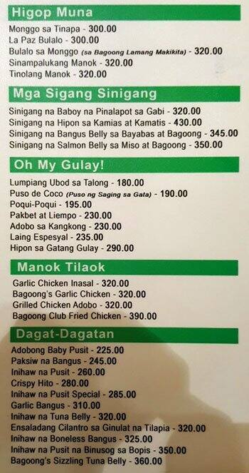 Bagoong Club Menu, Menu For Bagoong Club, Tomas Morato, Quezon City 