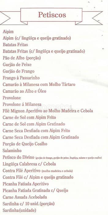 Bar Divino - Tijuca - Bar da Jovem Guarda cardápio