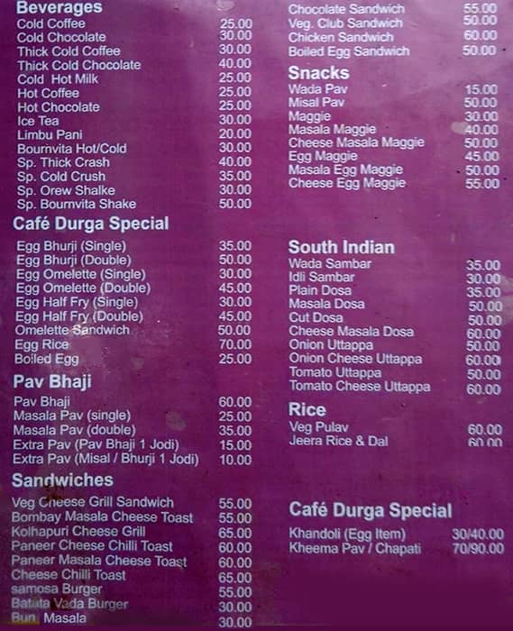 Cafe Durga menu