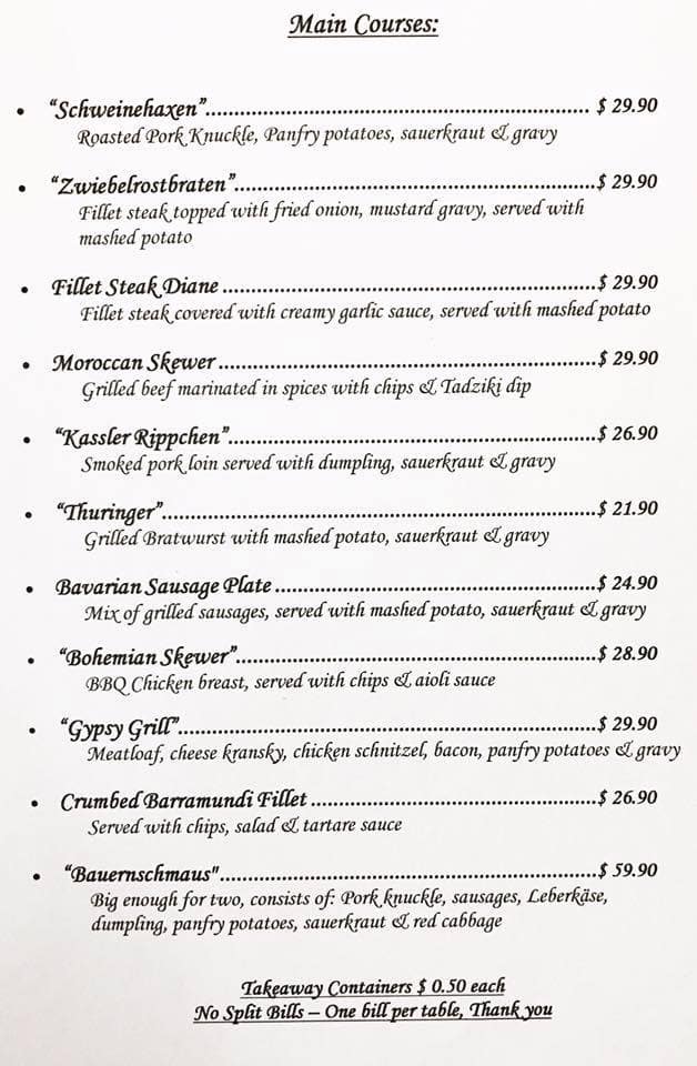 Menu at Bohemian Euro Restaurant, Narellan