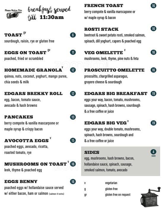 Menu at Edgar's Inn restaurant, Ainslie