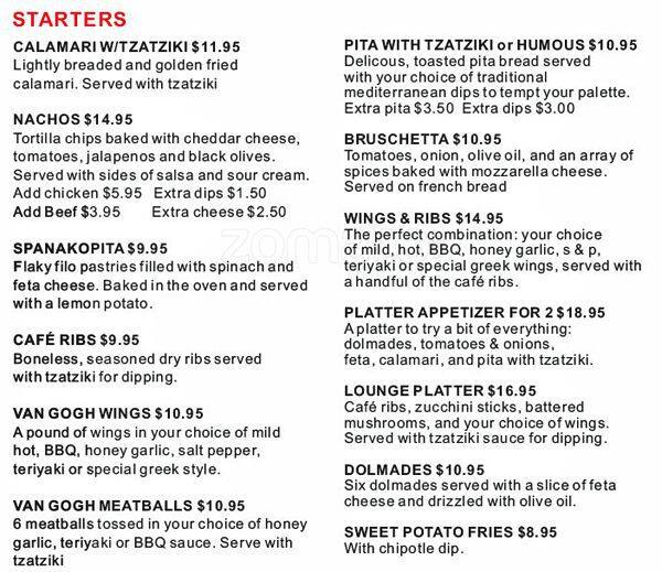 Van Gogh Grill & Bar Menu, Menu for Van Gogh Grill & Bar, Valley Ridge
