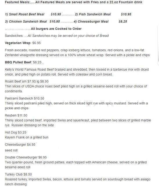 Kelly's Roast Beef Menu, Menu for Kelly's Roast Beef, Saugus, Boston