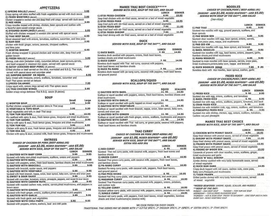 Manee Thai Menu, Menu for Manee Thai, Plantation/Sunrise, Miami ...