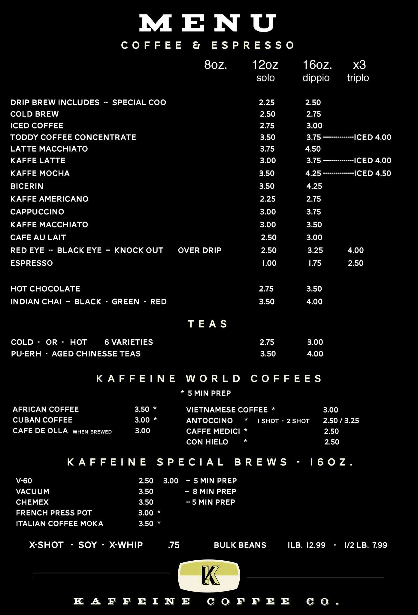Kaffeine Coffee Co. Menu, Menu untuk Kaffeine Coffee Co., Downtown