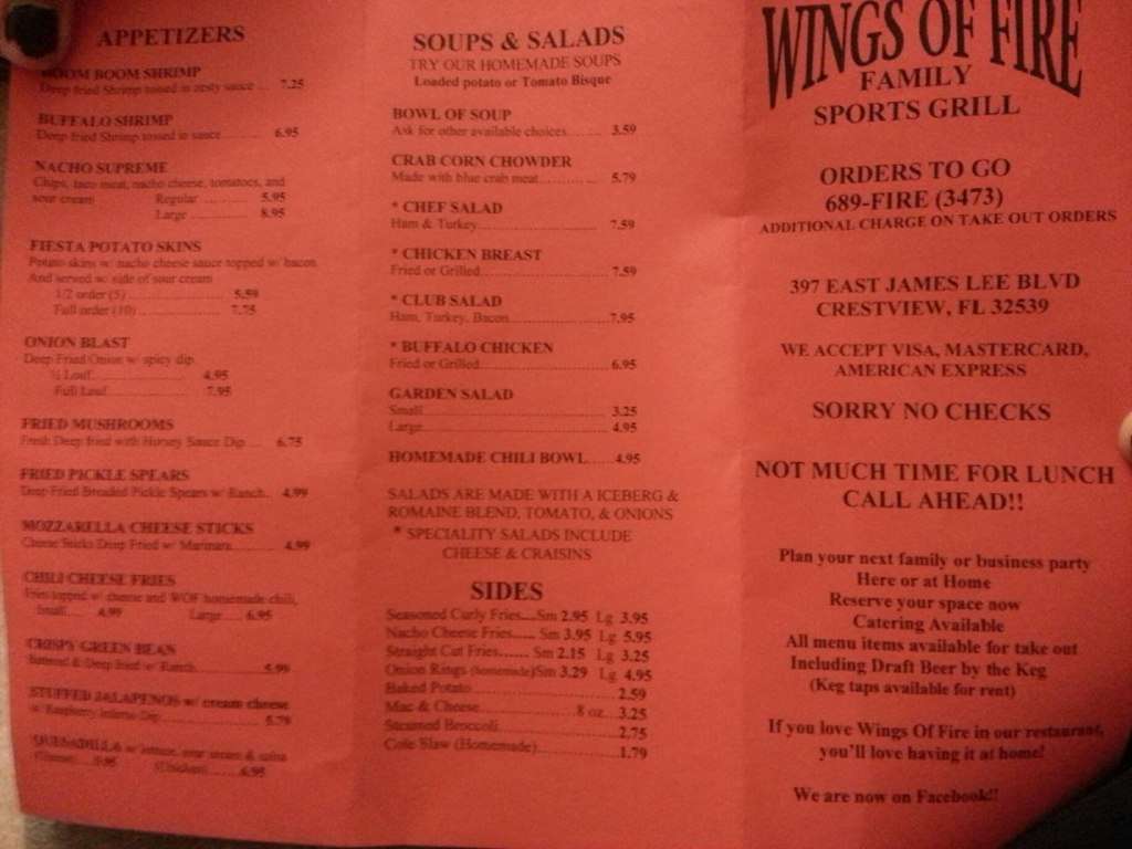 Menu at Wings Of Fire restaurant, Crestview