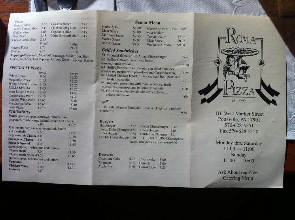 Menu at Roma Pizzeria, Pottsville