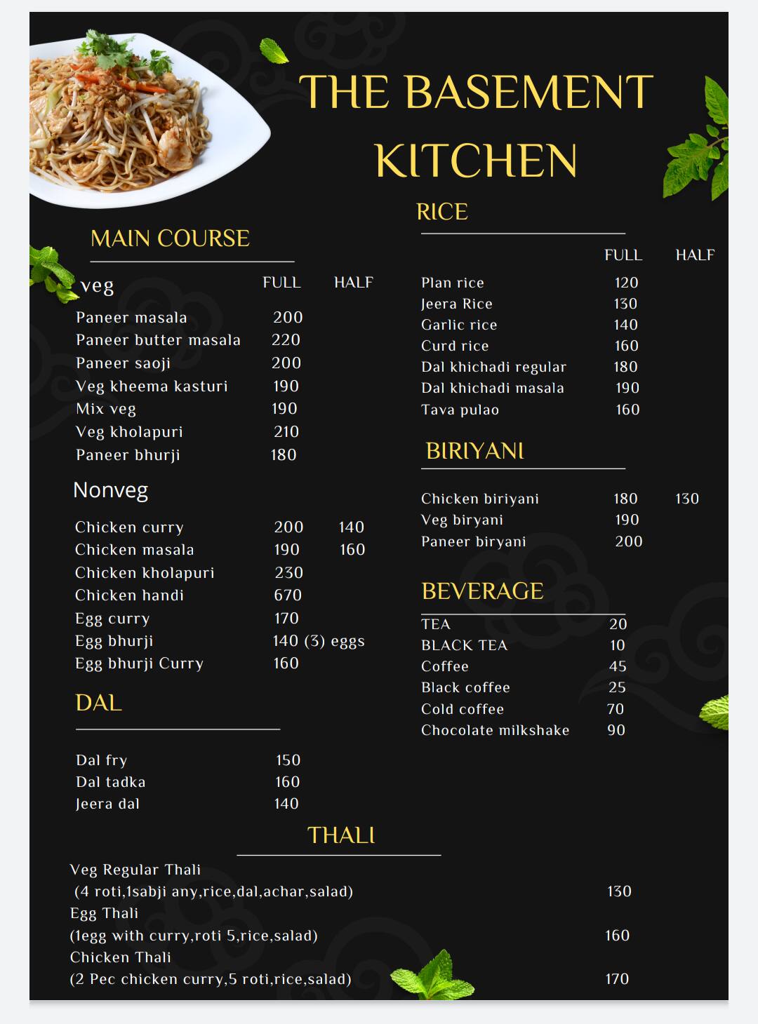 Menu of The Basement Kitchen Hingna T Point Nagpur