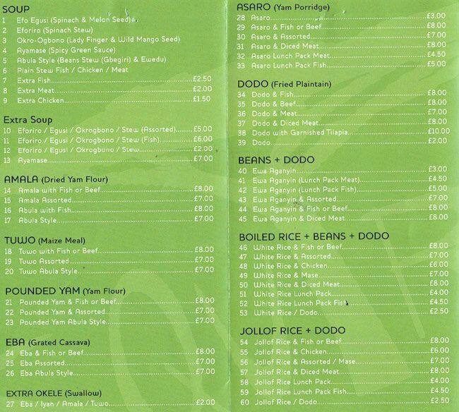 Squires African Restaurant Menu