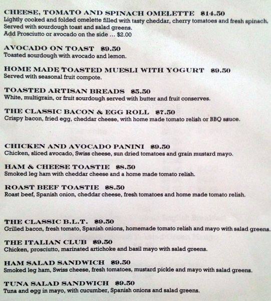 The Tricycle Cafe Menu, Menu for The Tricycle Cafe, Willoughby, Sydney