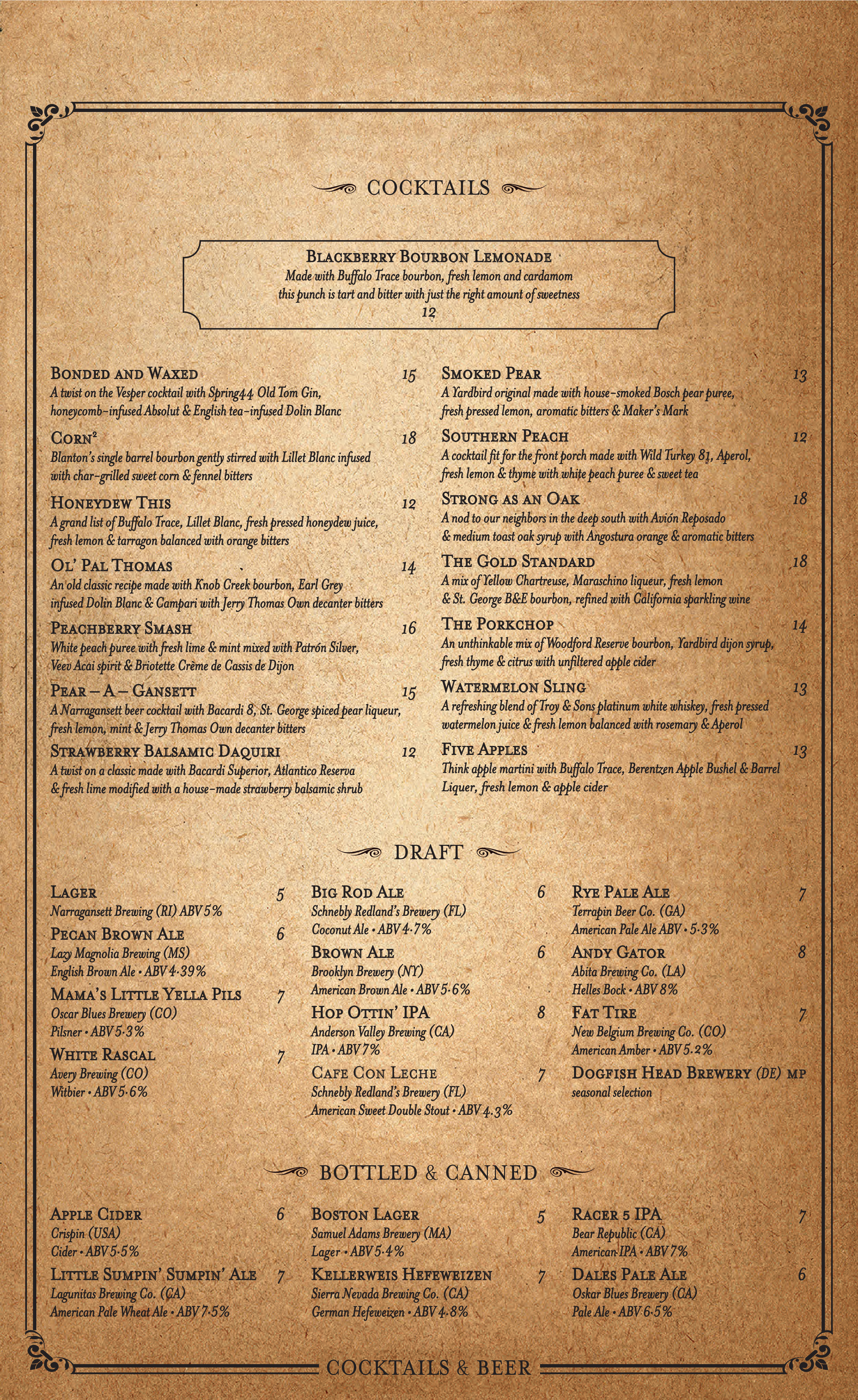 Menu at Yardbird Table & Bar, Miami Beach