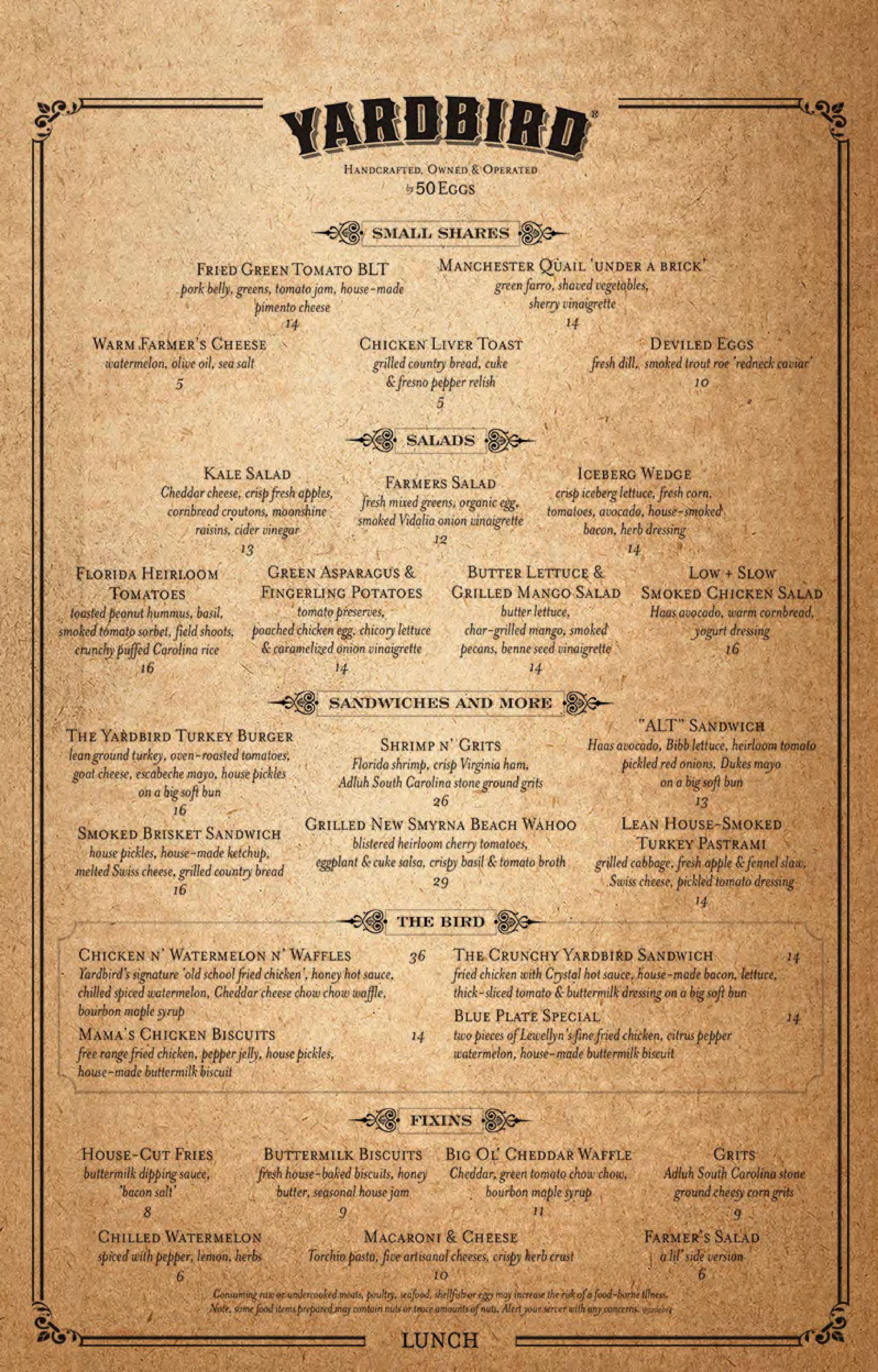 Menu at Yardbird Table & Bar, Miami Beach