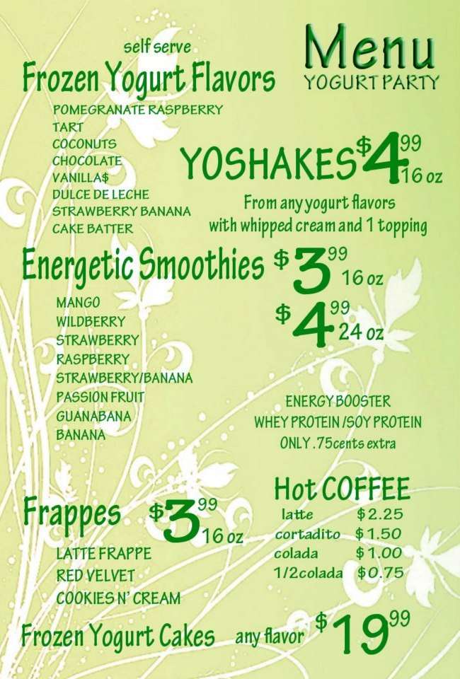 Yogurt Party menu, Menu restauracji Yogurt Party, Kendall/Pinecrest