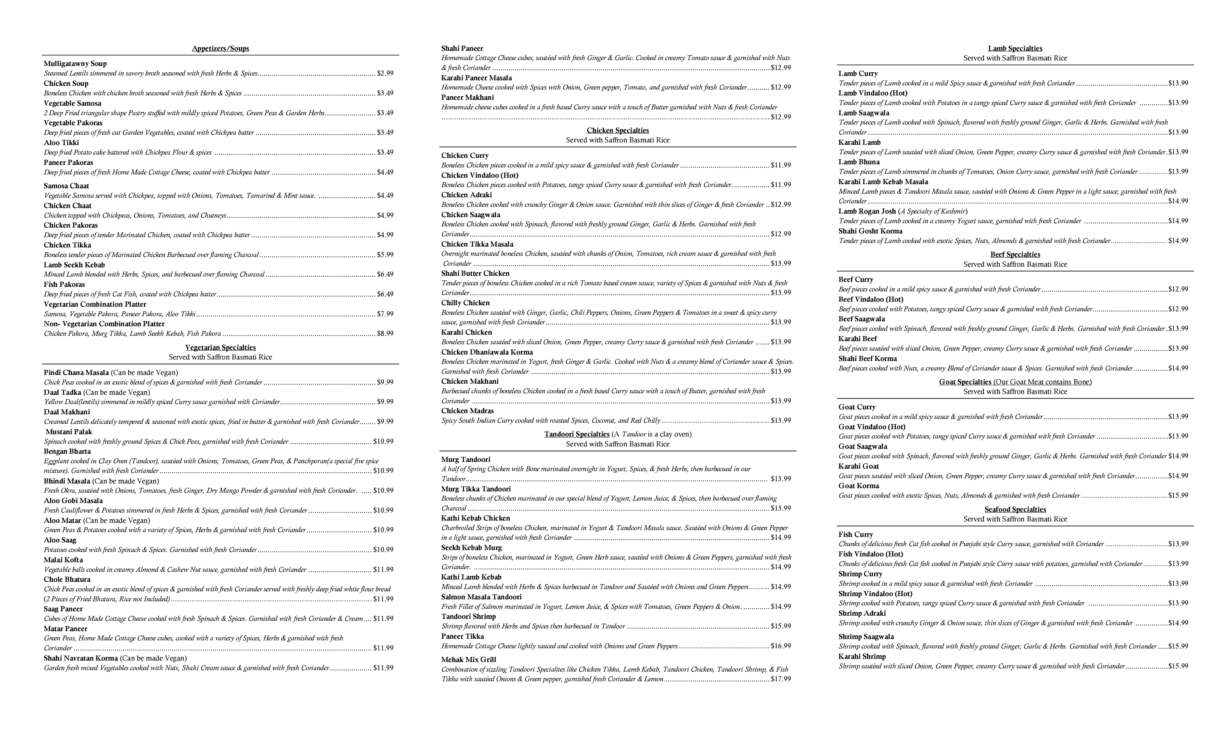 Menu at Mehak Cuisine restaurant, Ithaca