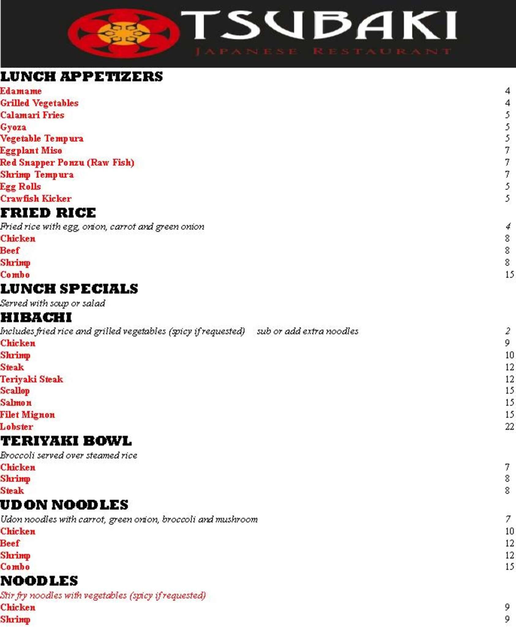 Menu at Tsubaki Hibachi Grill & Sushi restaurant, Lafayette