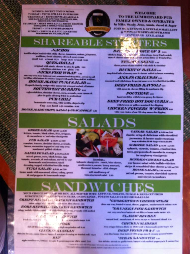 LumberYard Pub Menu, Menu for LumberYard Pub, West Redding, Fairfield