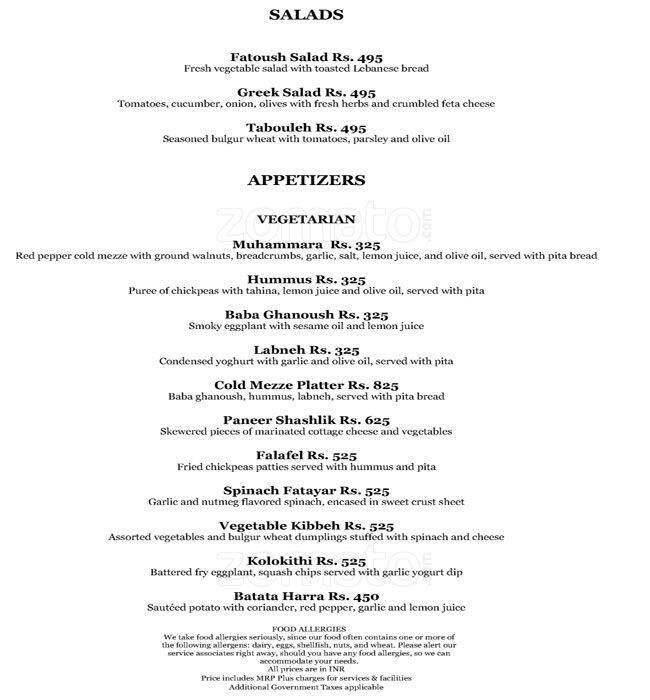 Casbah The Westin Menu, Menu for Casbah The Westin, Hitech City