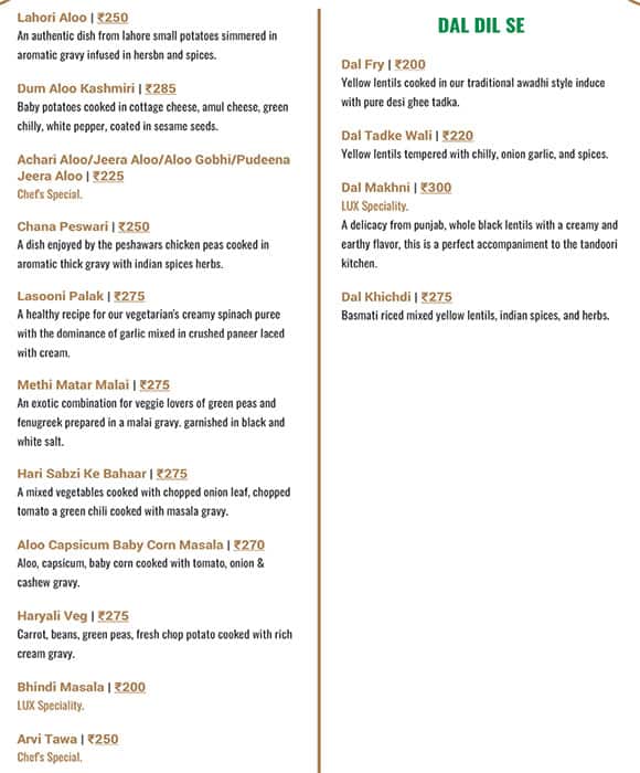 LUX SKY Lounge menu