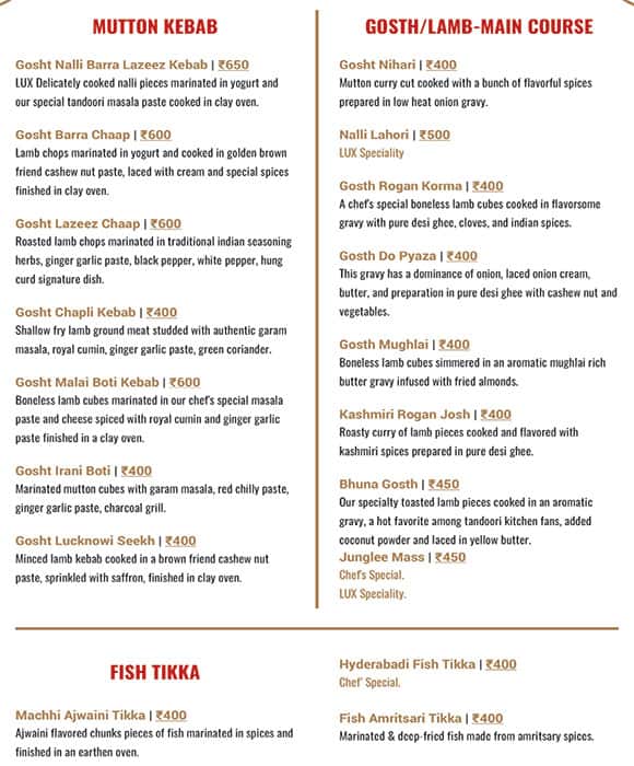 LUX SKY Lounge menu
