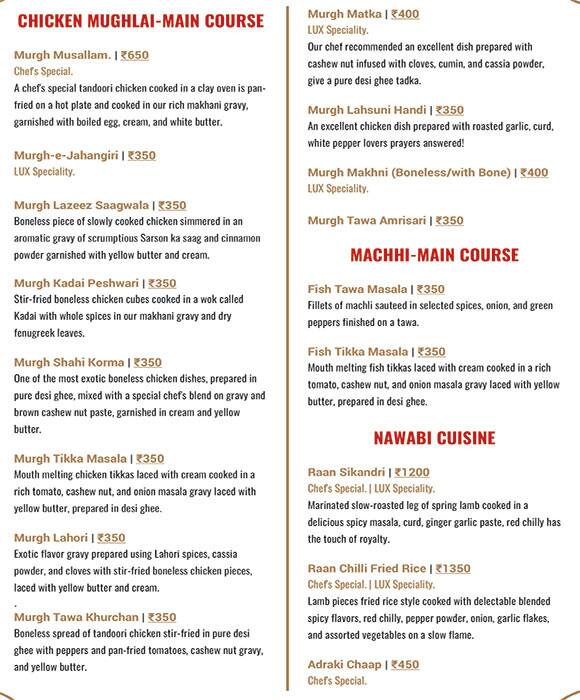 LUX SKY Lounge menu