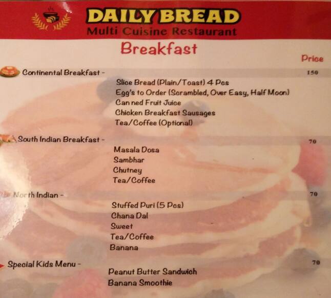 Menu of Daily Bread Multicuisine Restaurant, Entally, Kolkata