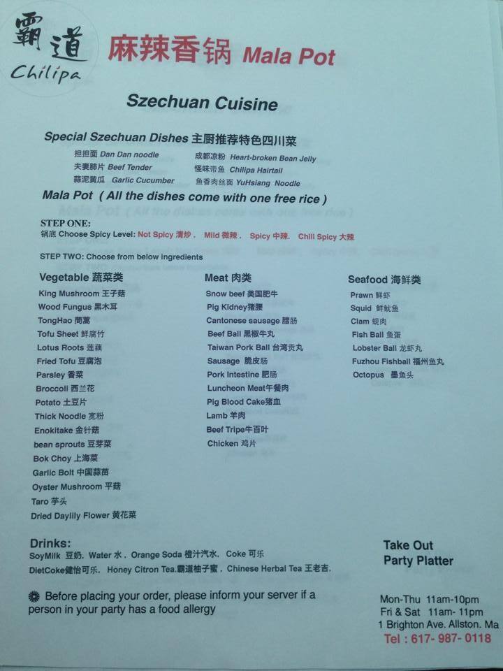 Carta de B.D. Chilipa Restaurant