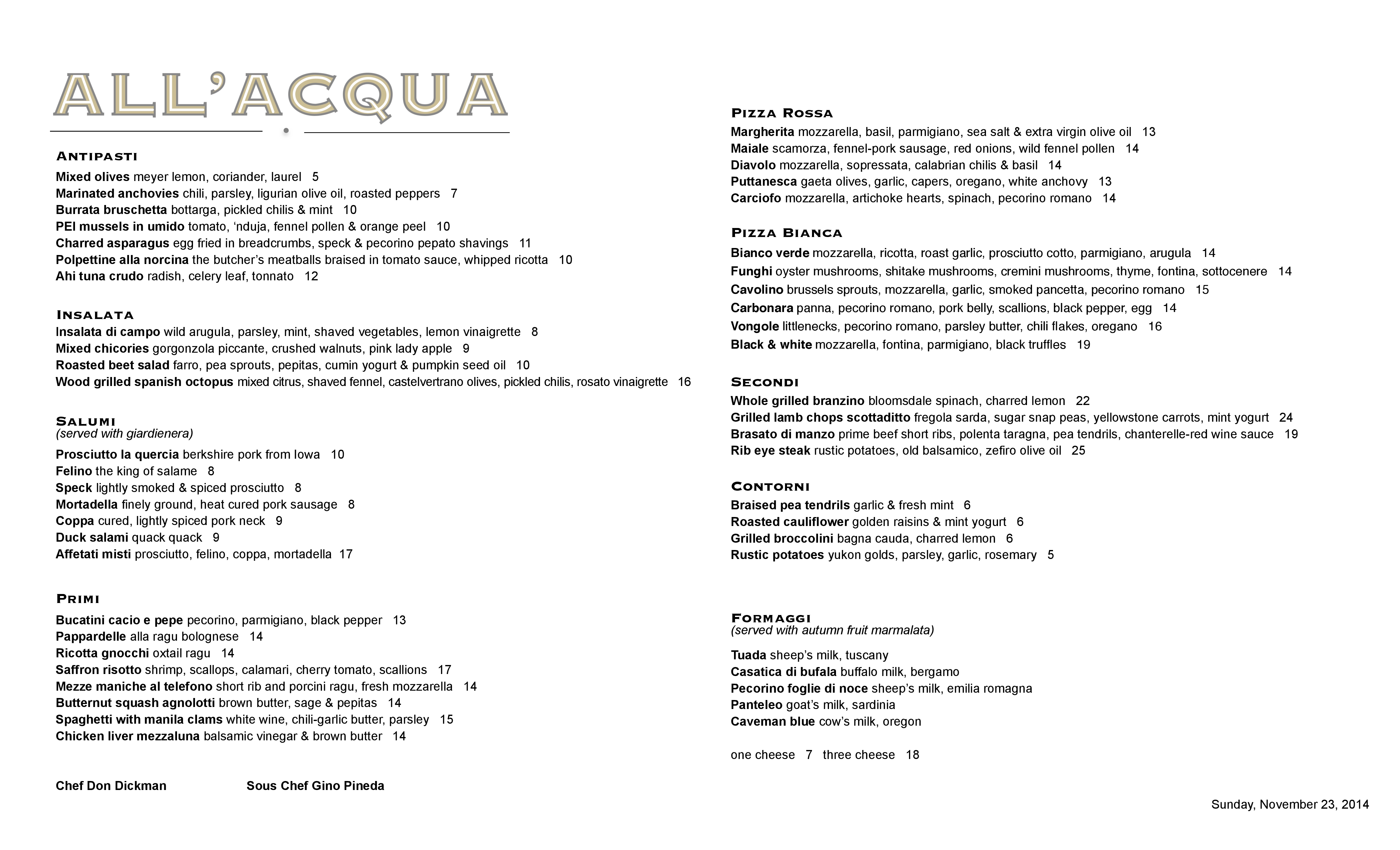 All Acqua Menu Menu For All Acqua Atwater Village Los Angeles