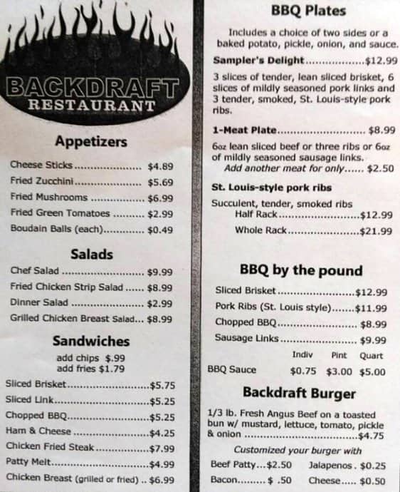 Menu at Backdraft BarBeQue Inc, Highlands