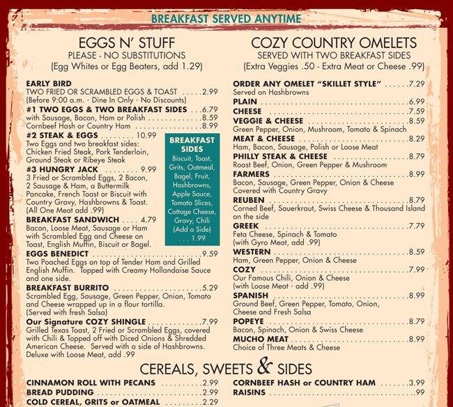 Menu at Cozy Coney Cafe, Osage Beach