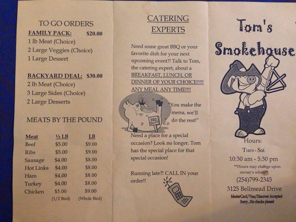 Tom's Smoke House Menu, Menu for Tom's Smoke House, Waco, Waco