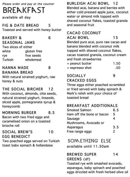 Menu at Social Brew cafe, Burleigh Heads, 3436 James St