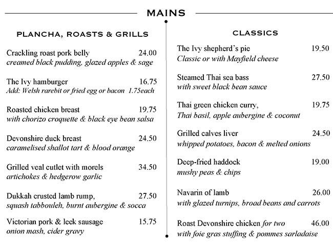 The Ivy Menu Menu For The Ivy Covent Garden London