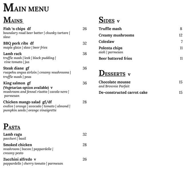 Menu at The Commons pub & bar, Auckland