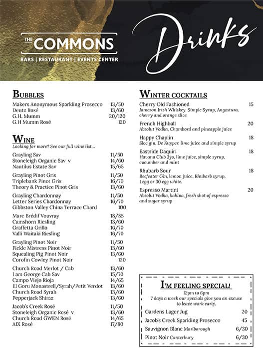 Menu at The Commons pub & bar, Auckland