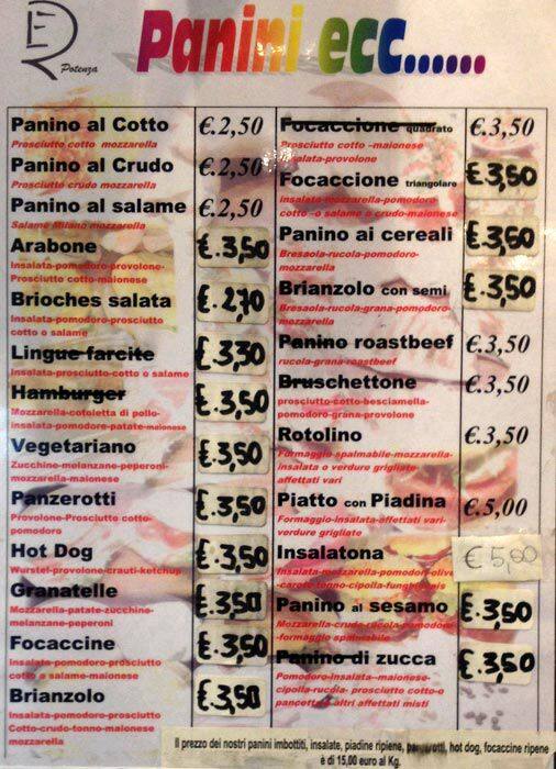 Menu di Panificio Potenza 