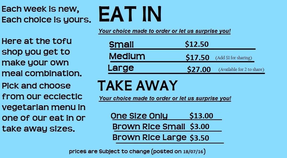 Tofu Shop International Menu, Menu for Tofu Shop International