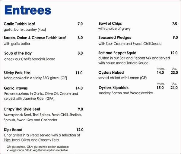 Carta del pub y bar Mawson Lakes Hotel & Function Centre, Mawson Lakes