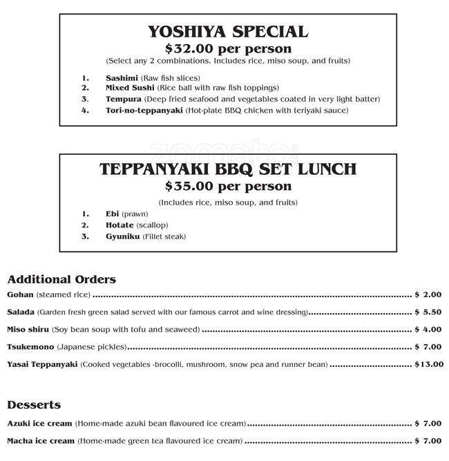 Yoshiya menu